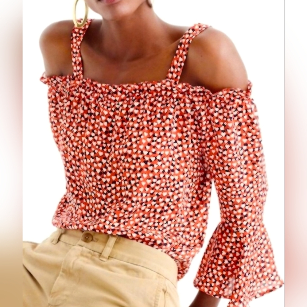 J. Crew Red and White Off-Shoulder Blouse